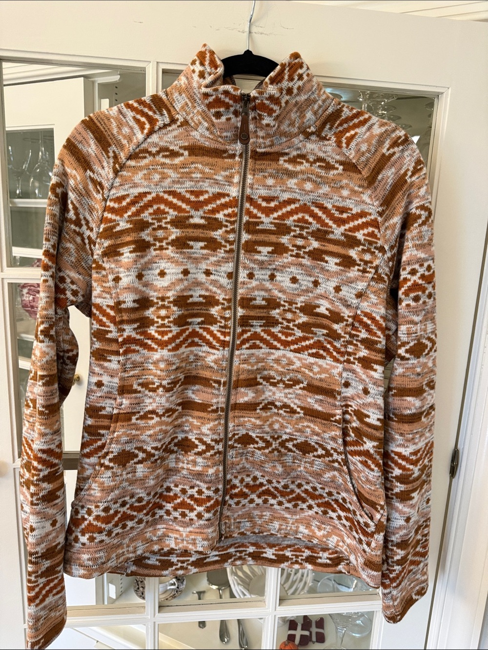 Sherpa Adventure Gear Zip-Front Patterned Teddy Jacket in Rust and Cream
